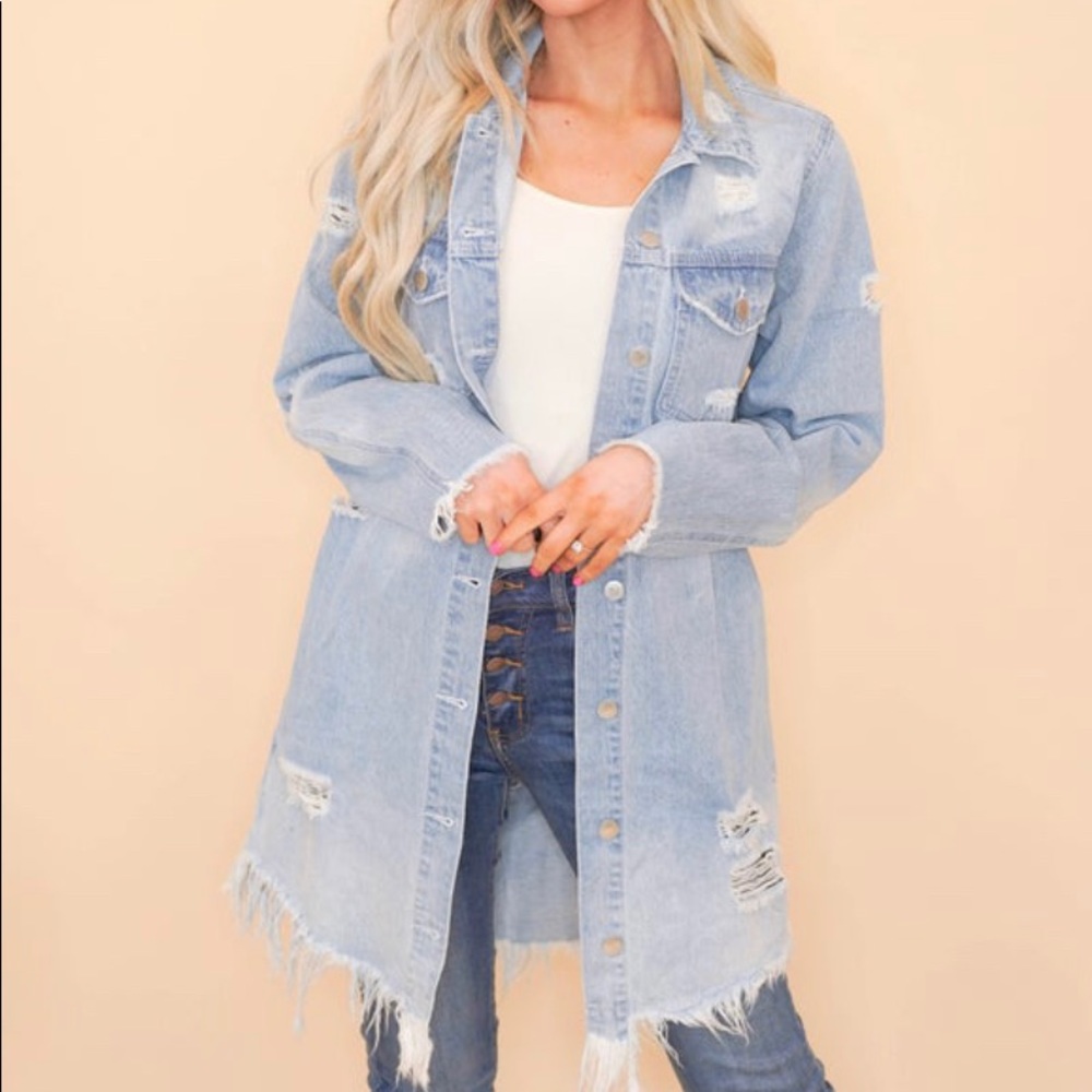 BiBi - Long Button Down Distressed
Denim Jacket